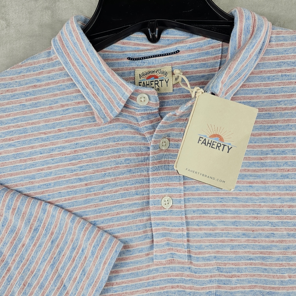 NEW Faherty Men's Cloud Cotton Short Sleeve Polo Shirt Red/Blue Stripe ~ Medium